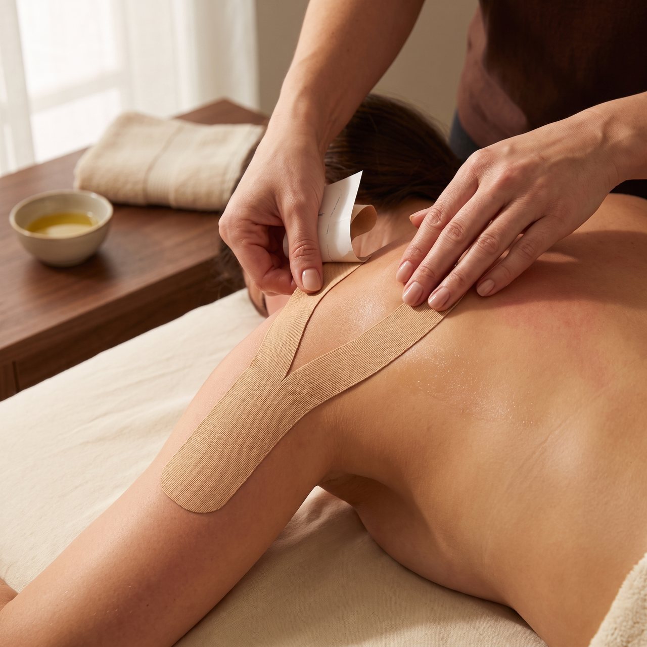 Bandagem Terapêutica em Curitiba 9 Mãos alisando uma bandagem terapêutica em Y no ombro da cliente no fim da sessão de massagem.